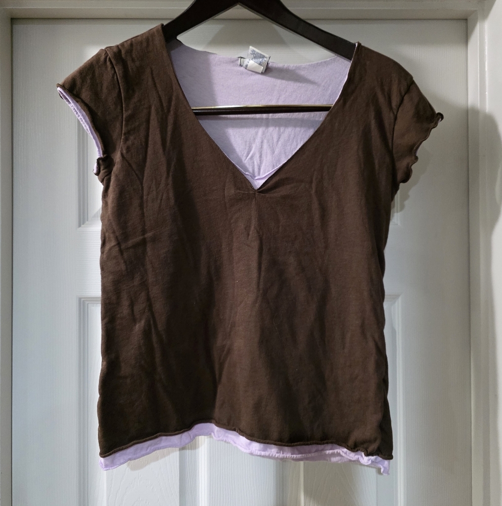 Vintage Old Navy Perfect Fit Layered 100% Cotton Brown and Pink V-Neck Top. Y2K